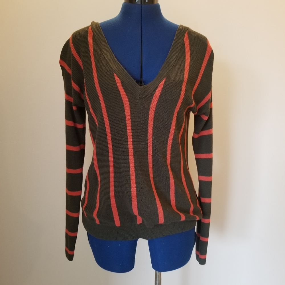 3/$15 Olive and orange striped V front/back sweater